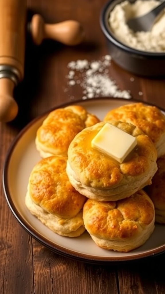 Fluffy 7-Up Biscuits Recipe Freshly baked 7-Up biscuits on a plate with melted butter, set in a rustic kitchen.
